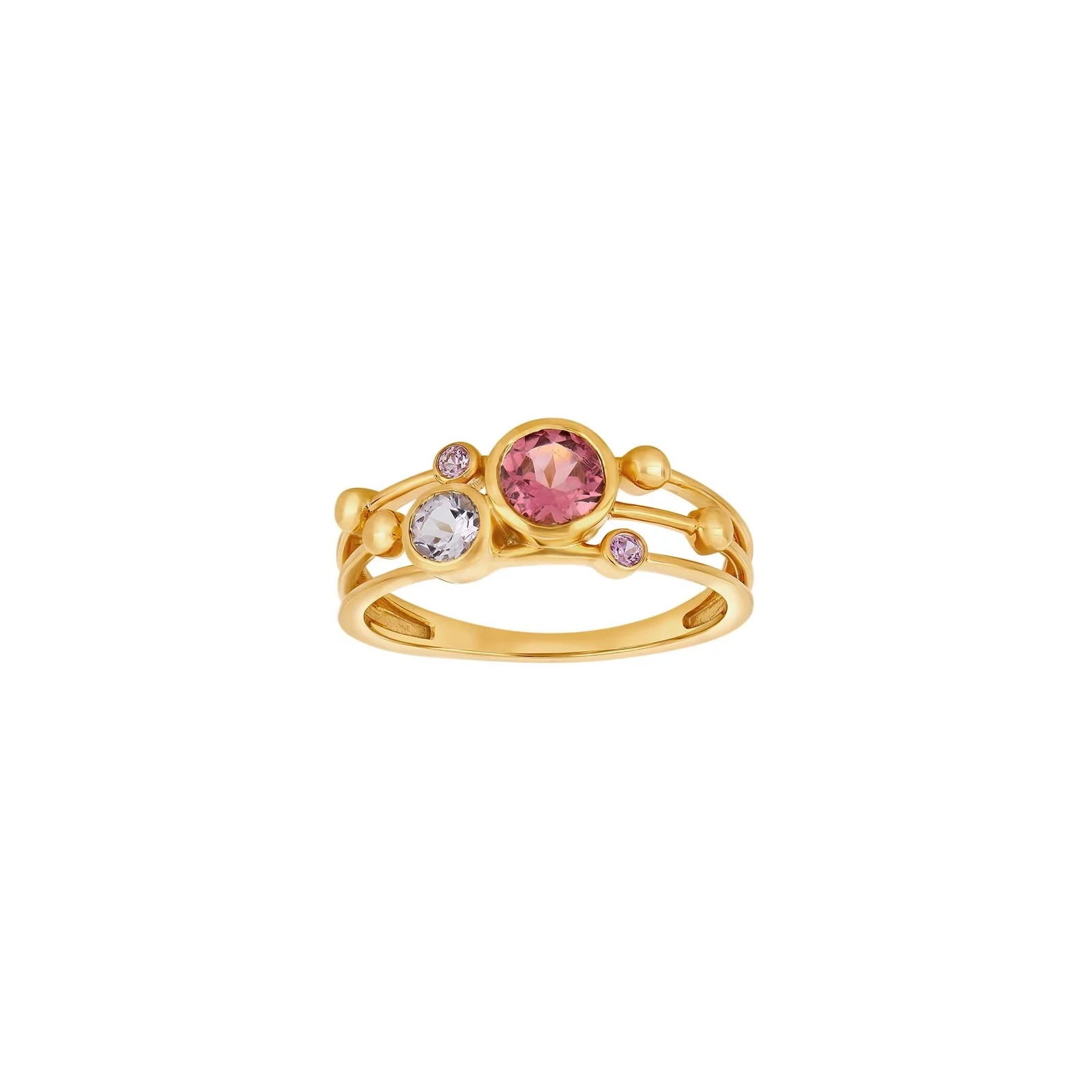 14kt. guldring m. pink turmalin, ametyst, safir
