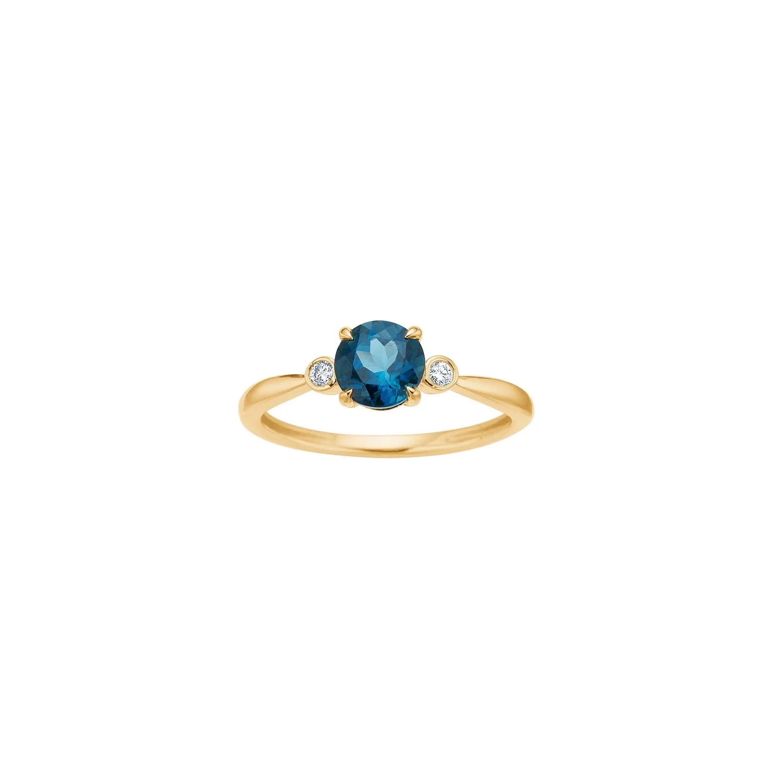 14kt. guldring m/London blå topaz/dia. 0,08ct W/SI