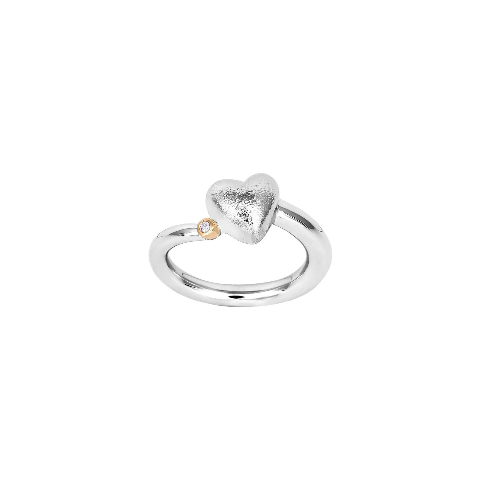 Sølv Rh. ring hjerte+dia.0.015ct W/SI+14kt
