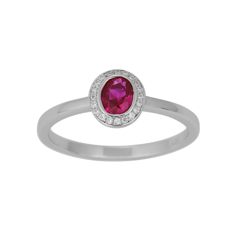 Rh. Sølv roset ring synt. 4x5mm Rubin + cz