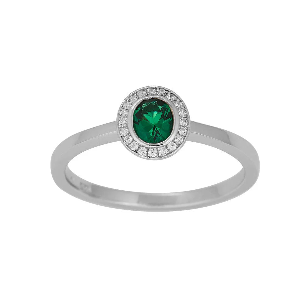 Rh. Sølv rosetring synt. 4x 5mm Smaragd+cz
