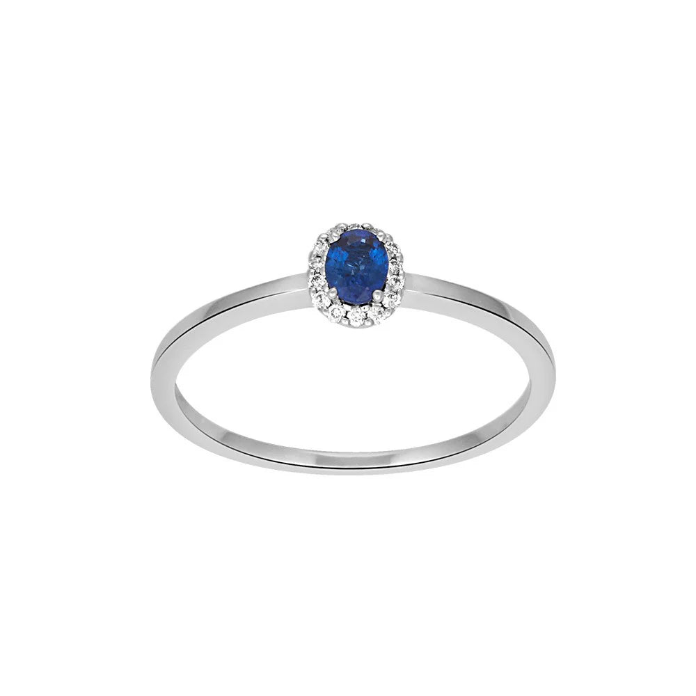 14 kt. hvidguldsring m/safir og dia 0.05ct W/SI