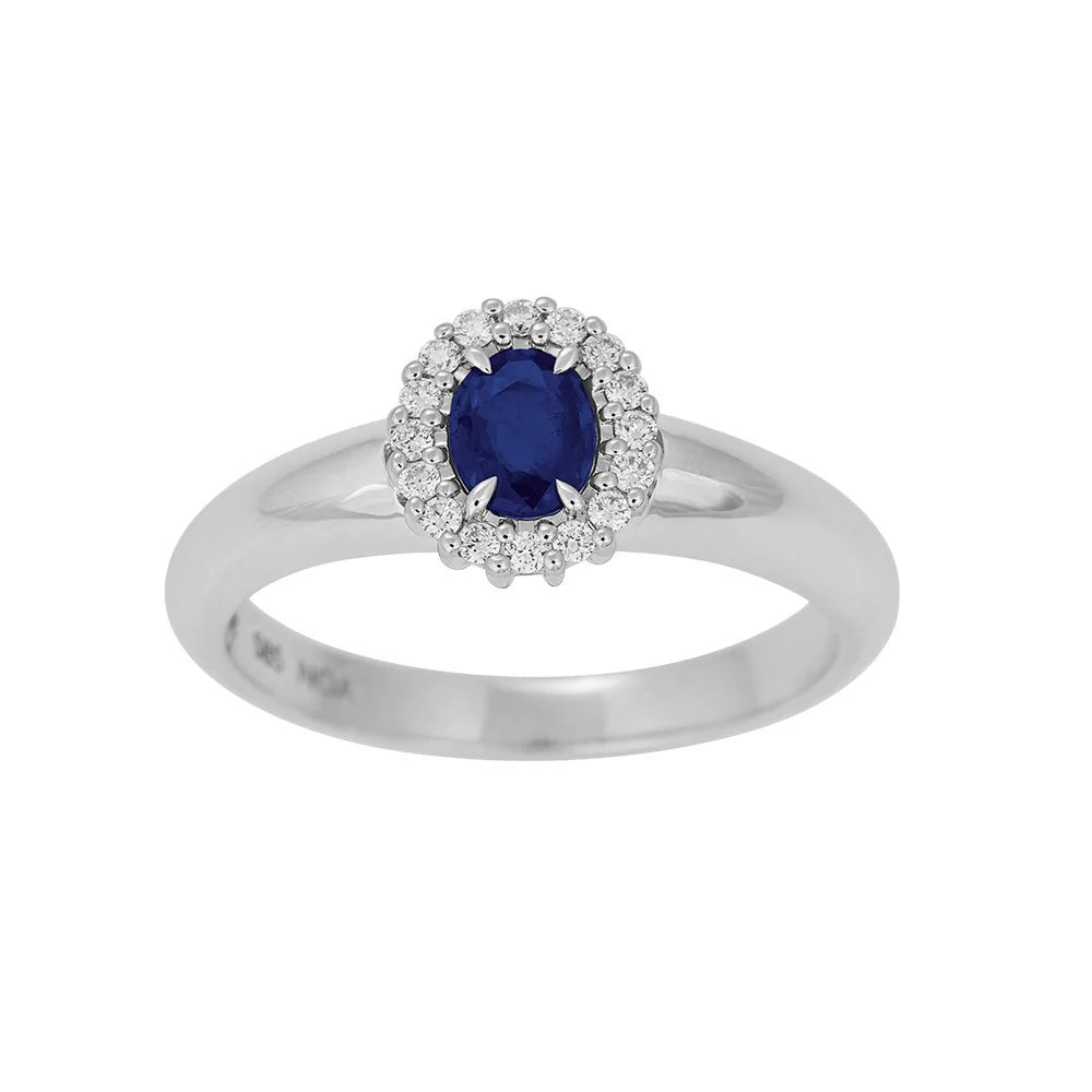 14 kt. guldring m/safir og dia 0.11ct W/SI