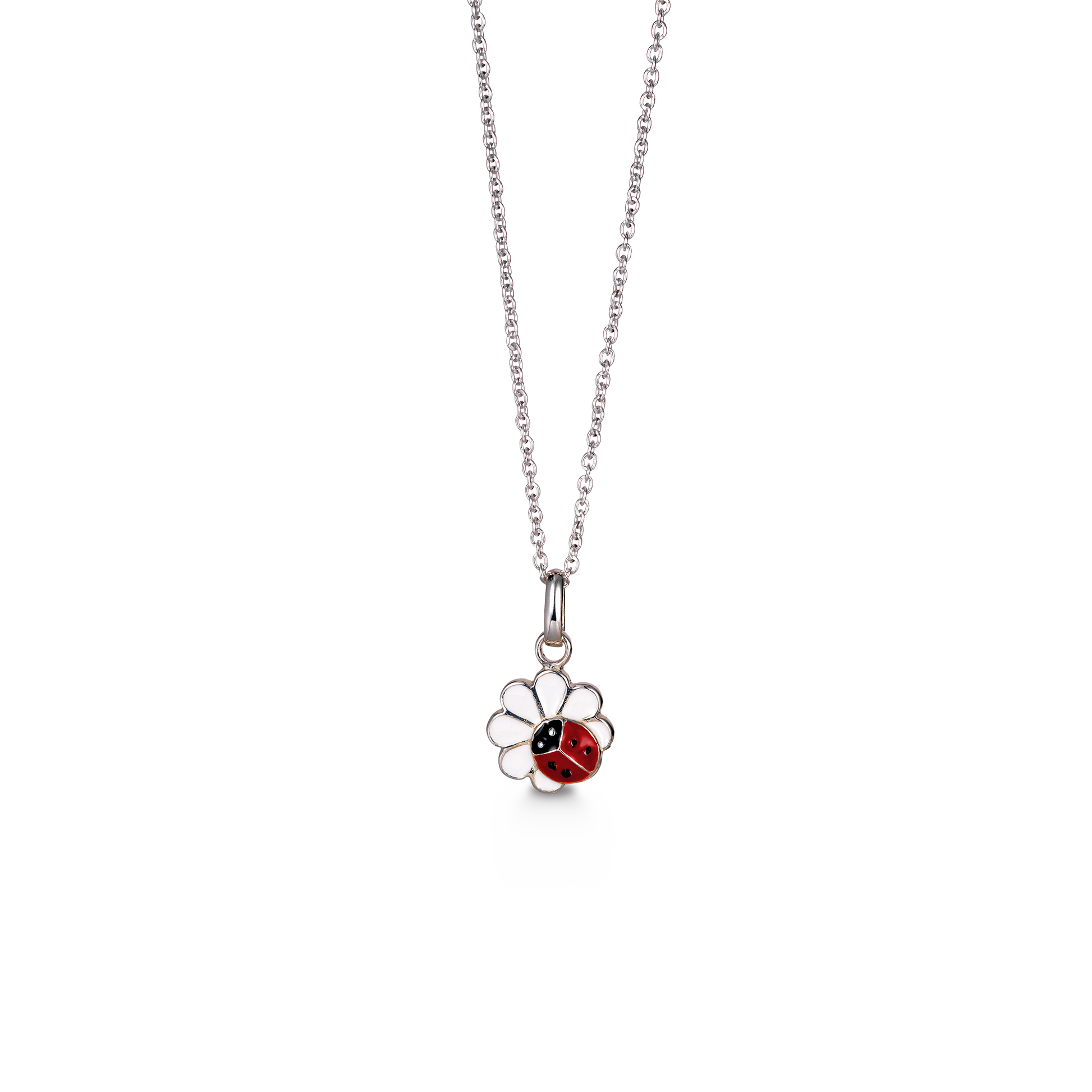 SØLV COLLIER M/EMALJE BLOMST/MARIEHØNE