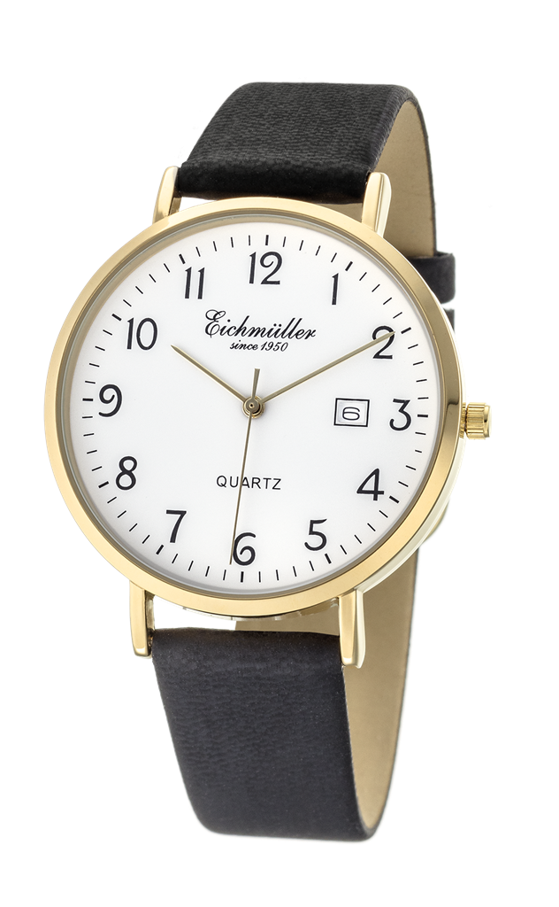 Klassisk herreur i forgyldt stål med sort læderrem