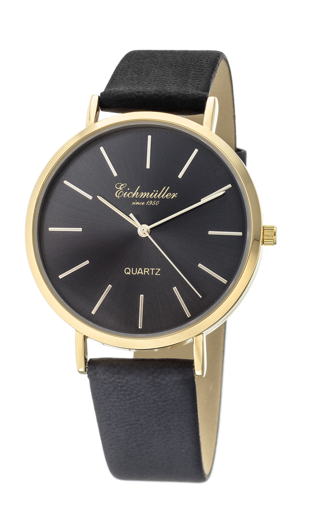 Klassisk herreur i forgyldt stål med sort læderrem