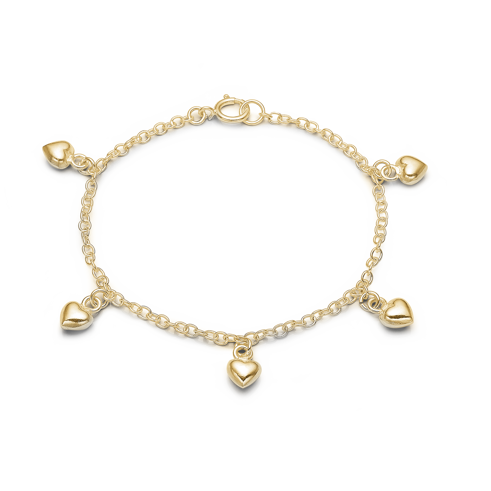 Armbånd m/5 hjerter, forgyldt sølv
