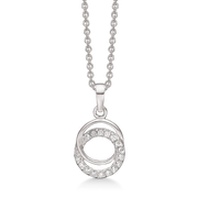 Sølv halskæde rhodineret flettet cirkler den ene med syntetisk cubic zirconia i kanten og den anden blank.