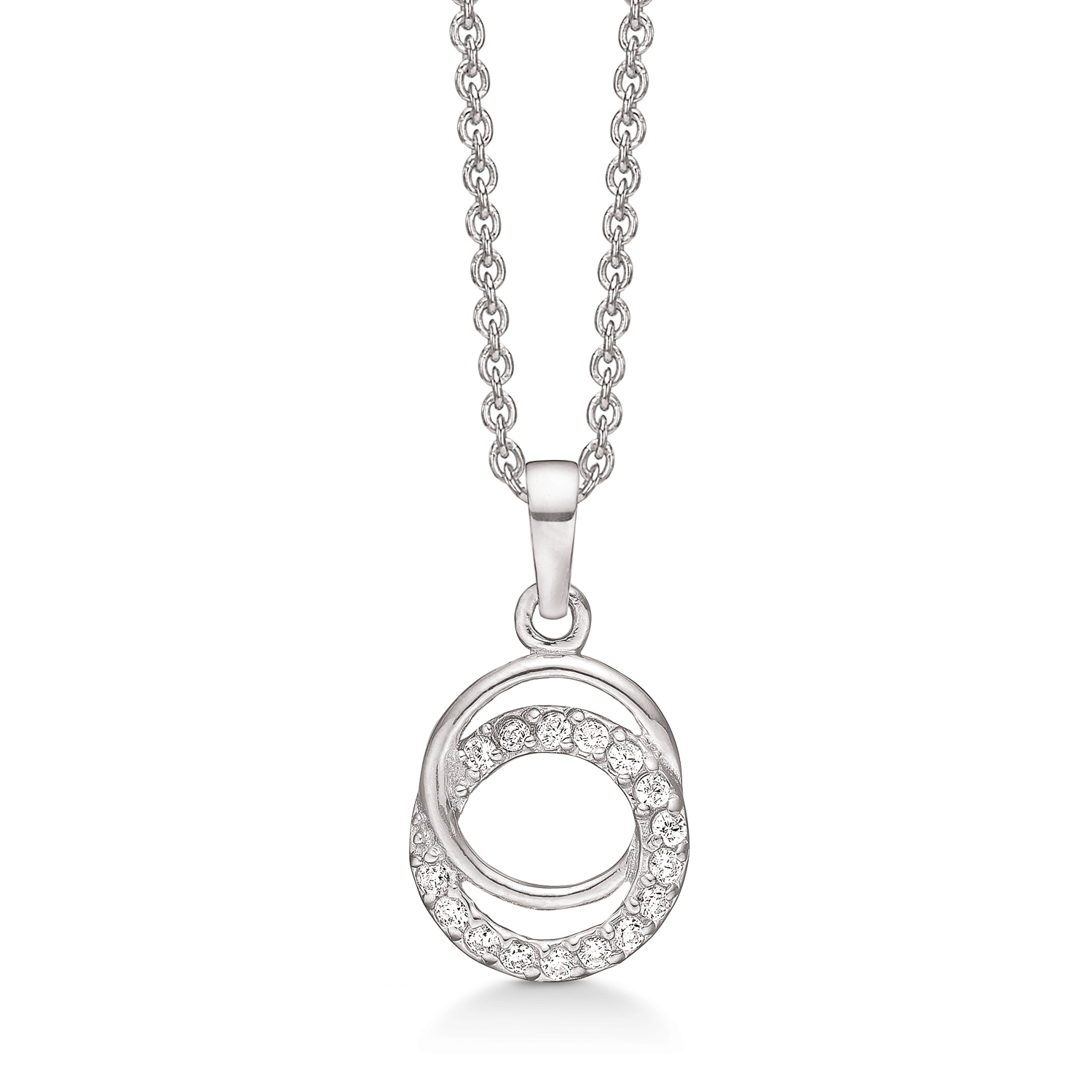 Sølv halskæde rhodineret flettet cirkler den ene med syntetisk cubic zirconia i kanten og den anden blank.