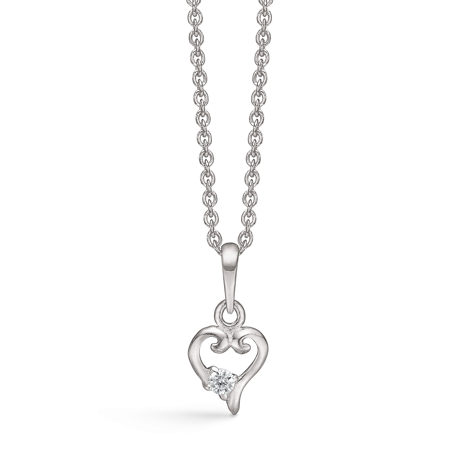 Sølv halskæde skæv hjerte med syntetisk cubic zirconia i bunden.