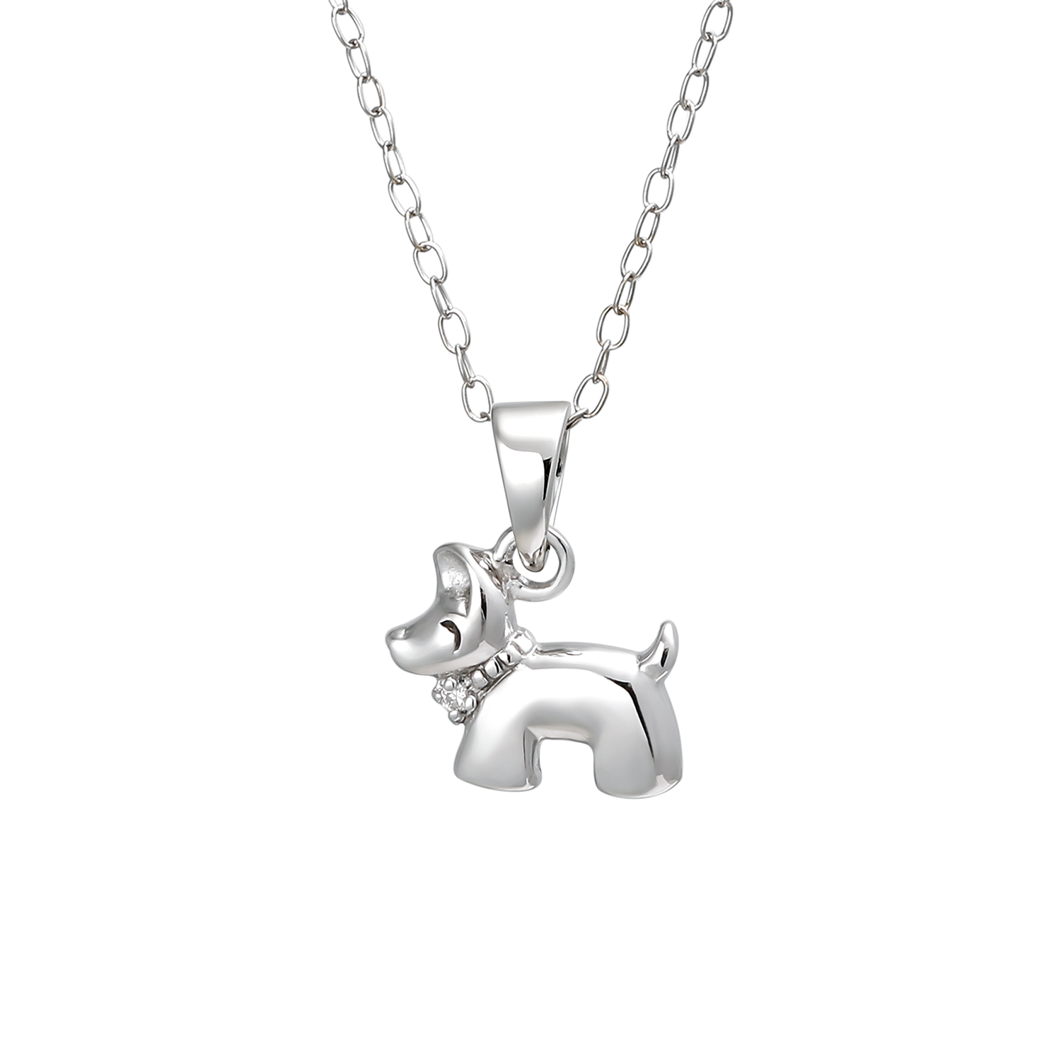 Sølv halskæde rhodineret hund med syntetiske cubic zirconia. Kæden er længde 38 cm.
