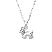 Sølv halskæde rhodineret hund med syntetiske cubic zirconia. Kæden er længde 38 cm.