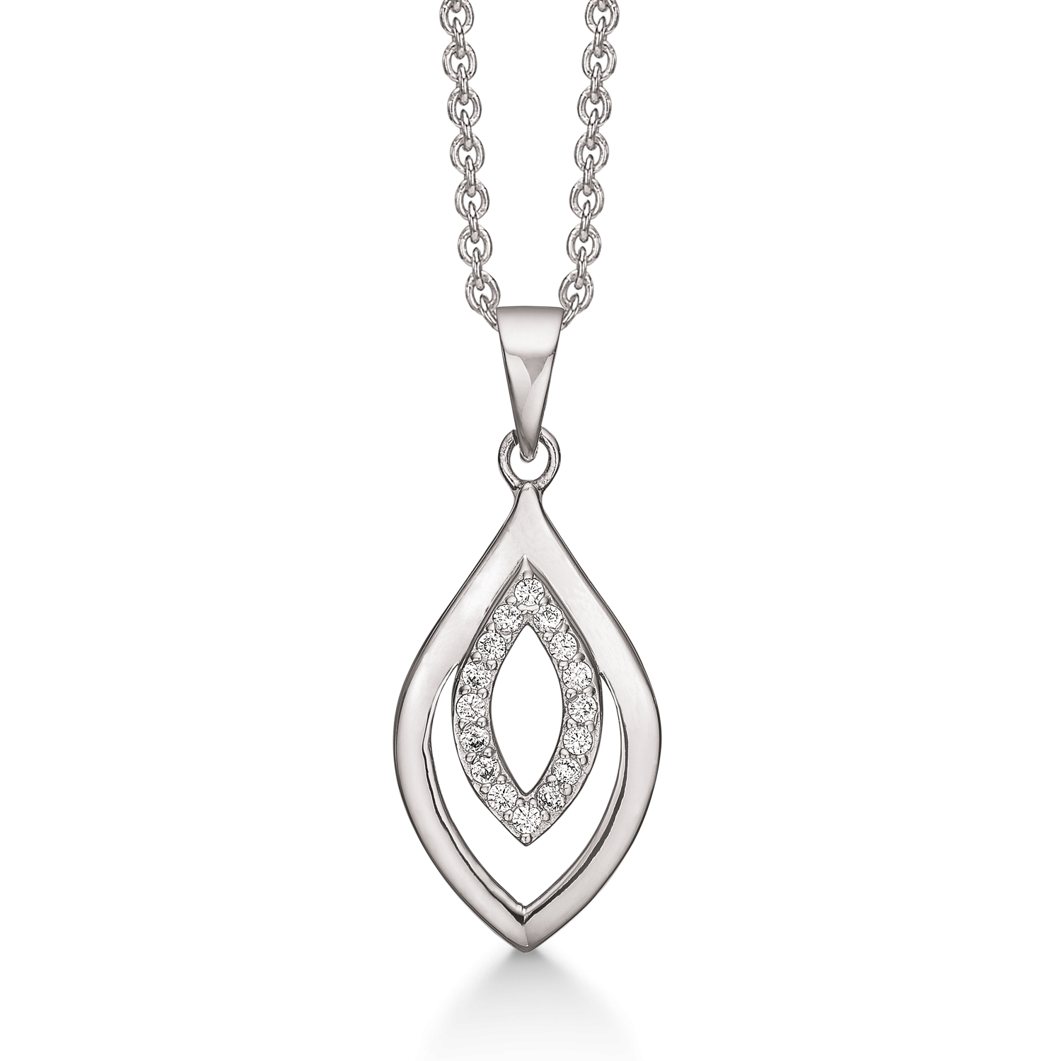 Sølv halskæde rhodineret dobbelt dråbe med syntetiske cubic zirconia i den lille dråbe.