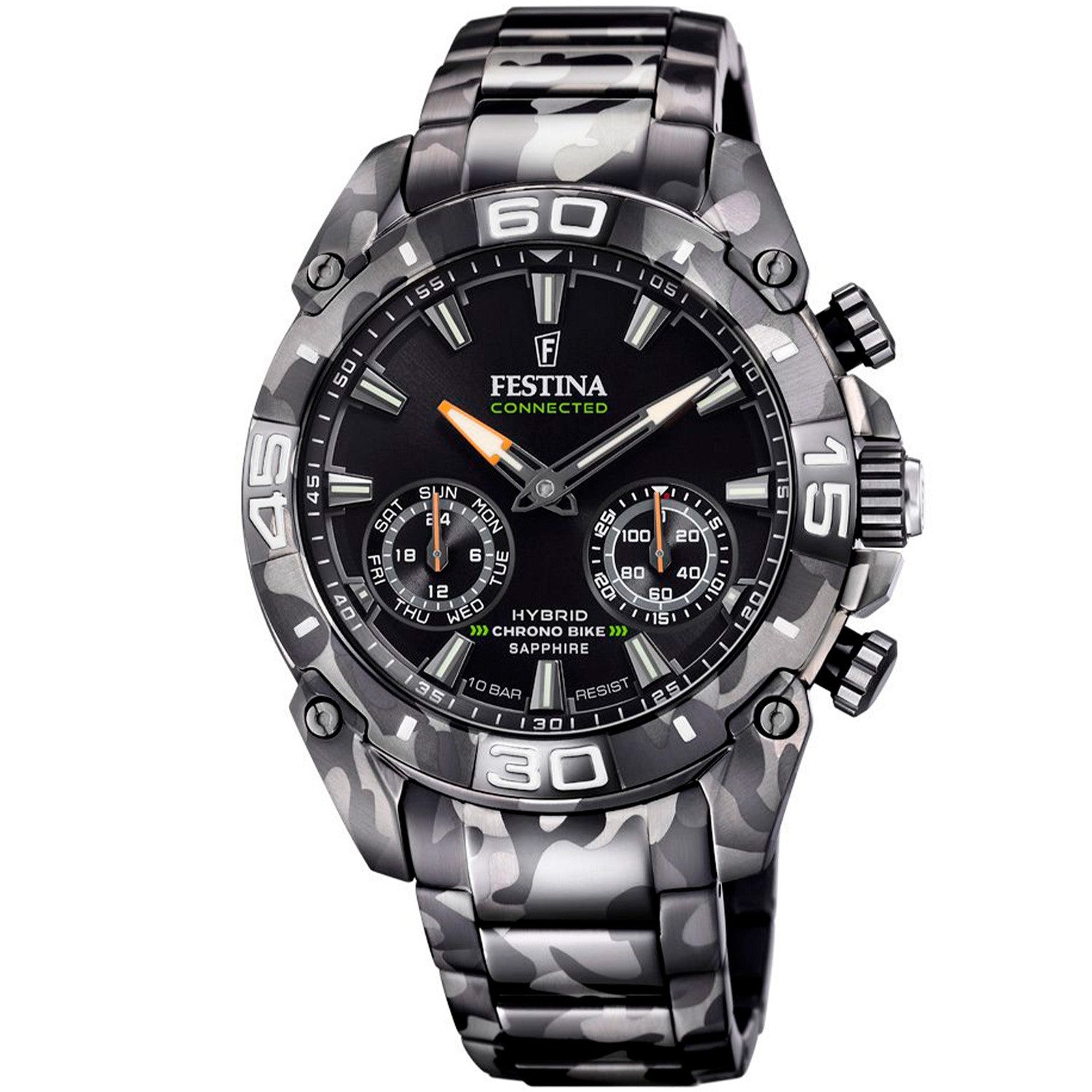 Årets flotte "Chrono Bike Special Edition Connected", er landet! Denne model er dekoreret af en sej camouflage, som både er på lænken og urkassen.