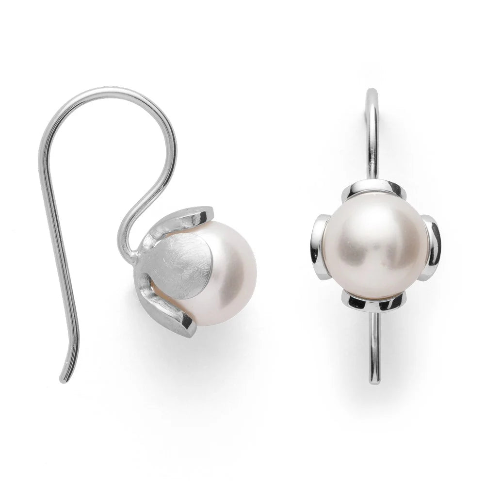Sterling sølv ørehænger, mat rho. hvide kulturperle 5.10ct