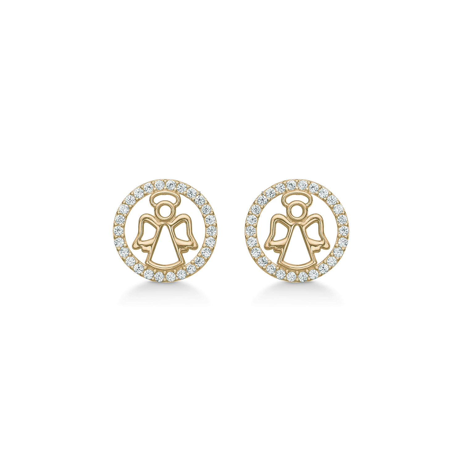 8 kt. guld ørestikker cirkel med engle og syntetiske cubic zirconia i kanten. Mål 0,9 mm.