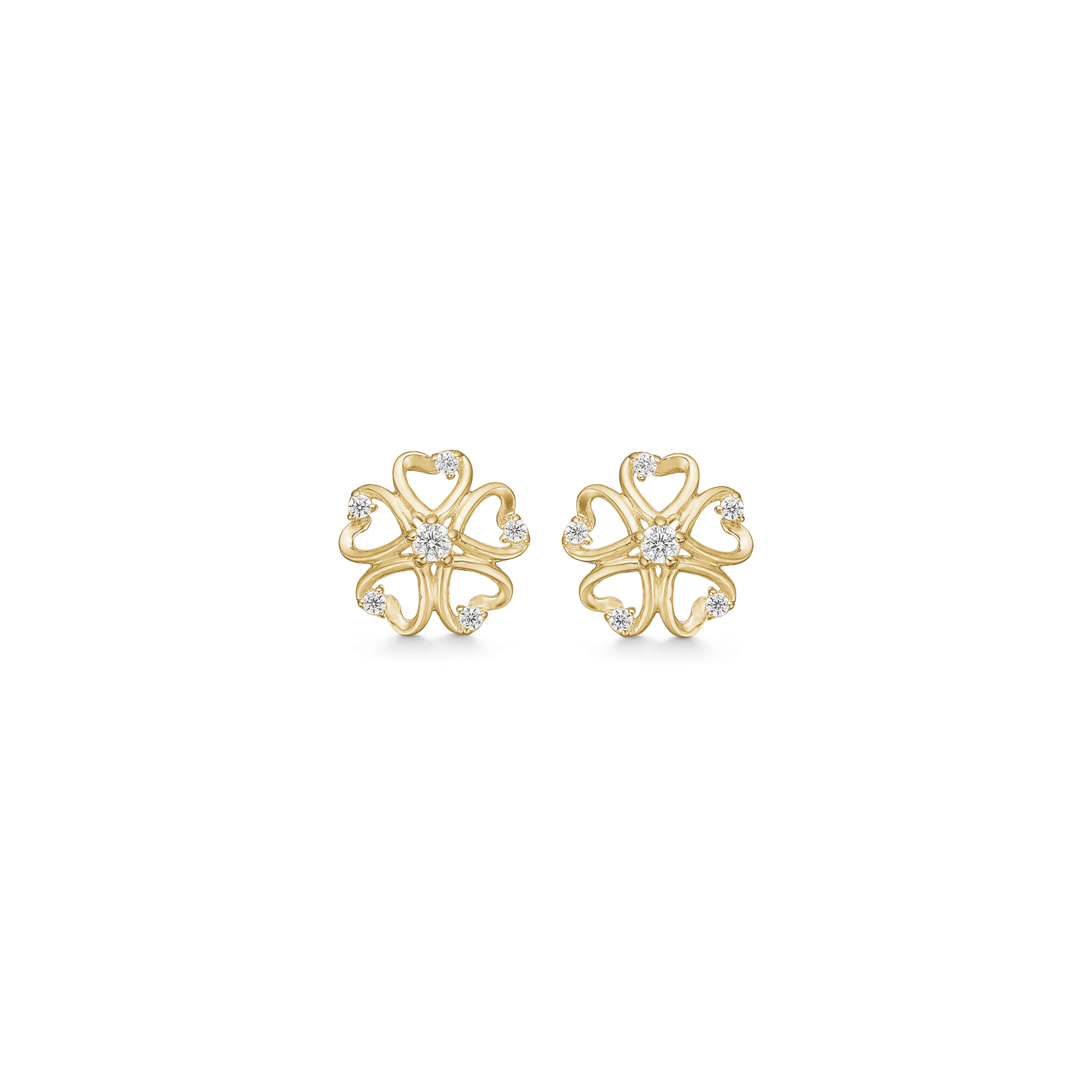 8 kt. guld ørestikker blomst af 5 hjerter med syntetiske cubic zirconia. "Flower of Hearts" Mål 7,46 x 7,46 mm.
