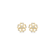 8 kt. guld ørestikker blomst af 5 hjerter med syntetiske cubic zirconia. "Flower of Hearts" Mål 7,46 x 7,46 mm.