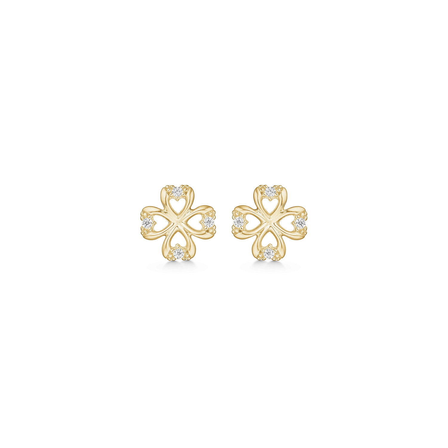 8 kt. guld ørestikker blomst af 4 hjerter med syntetiske cubic zirconia. "Flower of Hearts" Mål 7,17 x 7,17 mm.