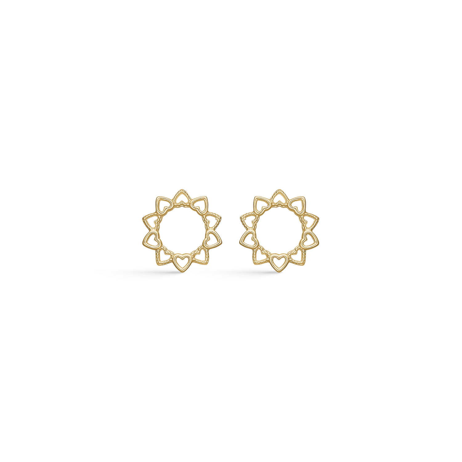 8 kt. guld ørestikker cirkel med hjerter rundt om. "Flower of Hearts" Mål 7,32 x 7,32 mm.