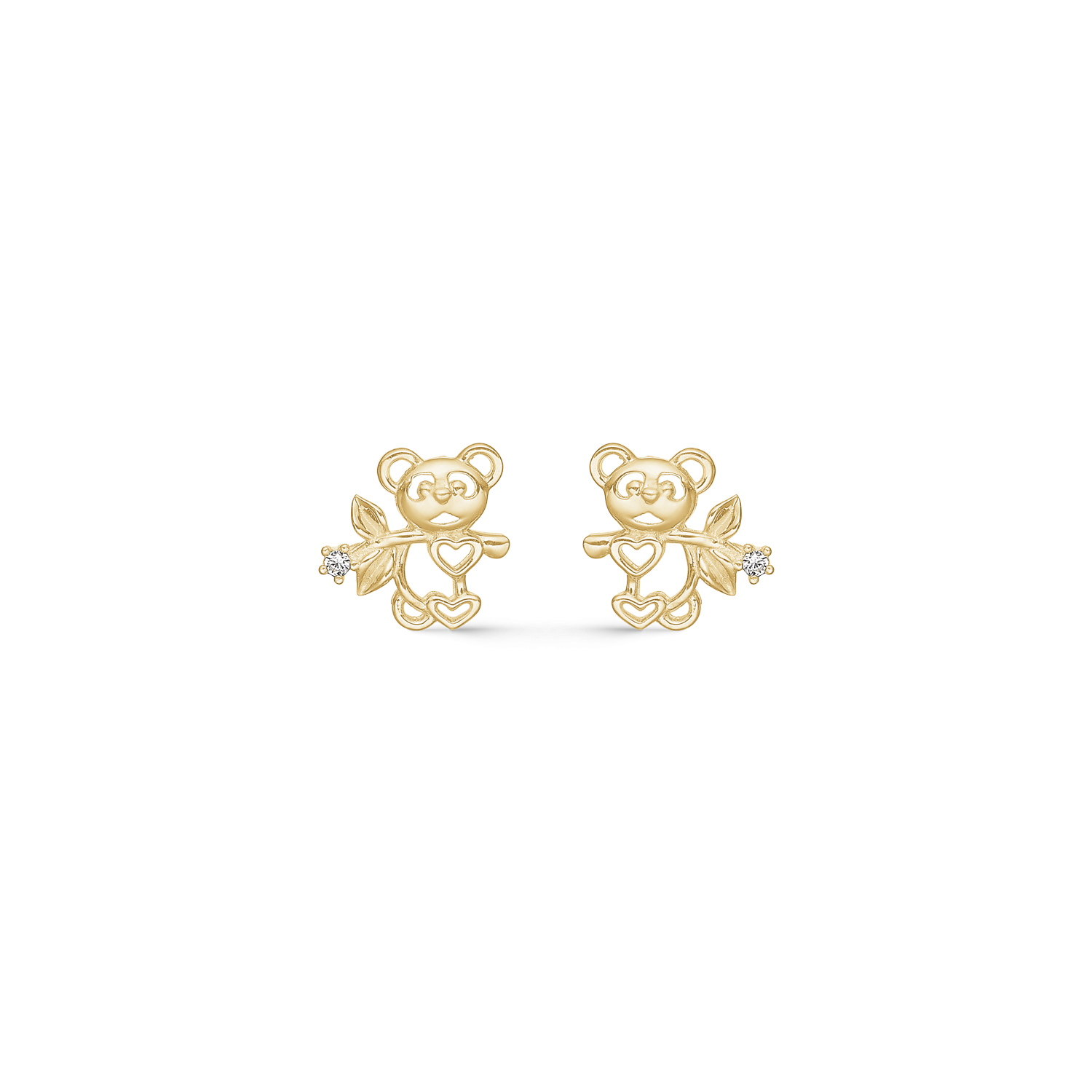 8 kt. guld ørestikker bamse med hjerter med syntetisk cubic zirconia. Mål 7,35 x 6,42 mm.