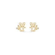 8 kt. guld ørestikker bamse med hjerter med syntetisk cubic zirconia. Mål 7,35 x 6,42 mm.