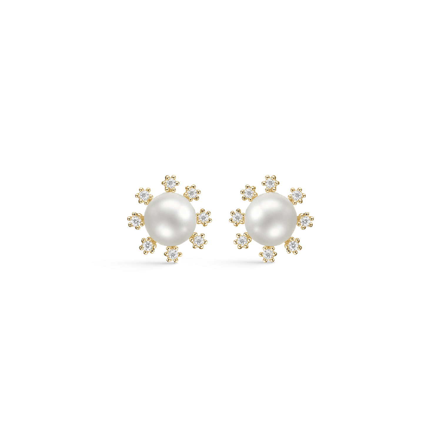 8 kt. guld ørestikker perle med 8 syntetiske cubic zirconia rundt om. Mål 7,64 x 7,64 mm.