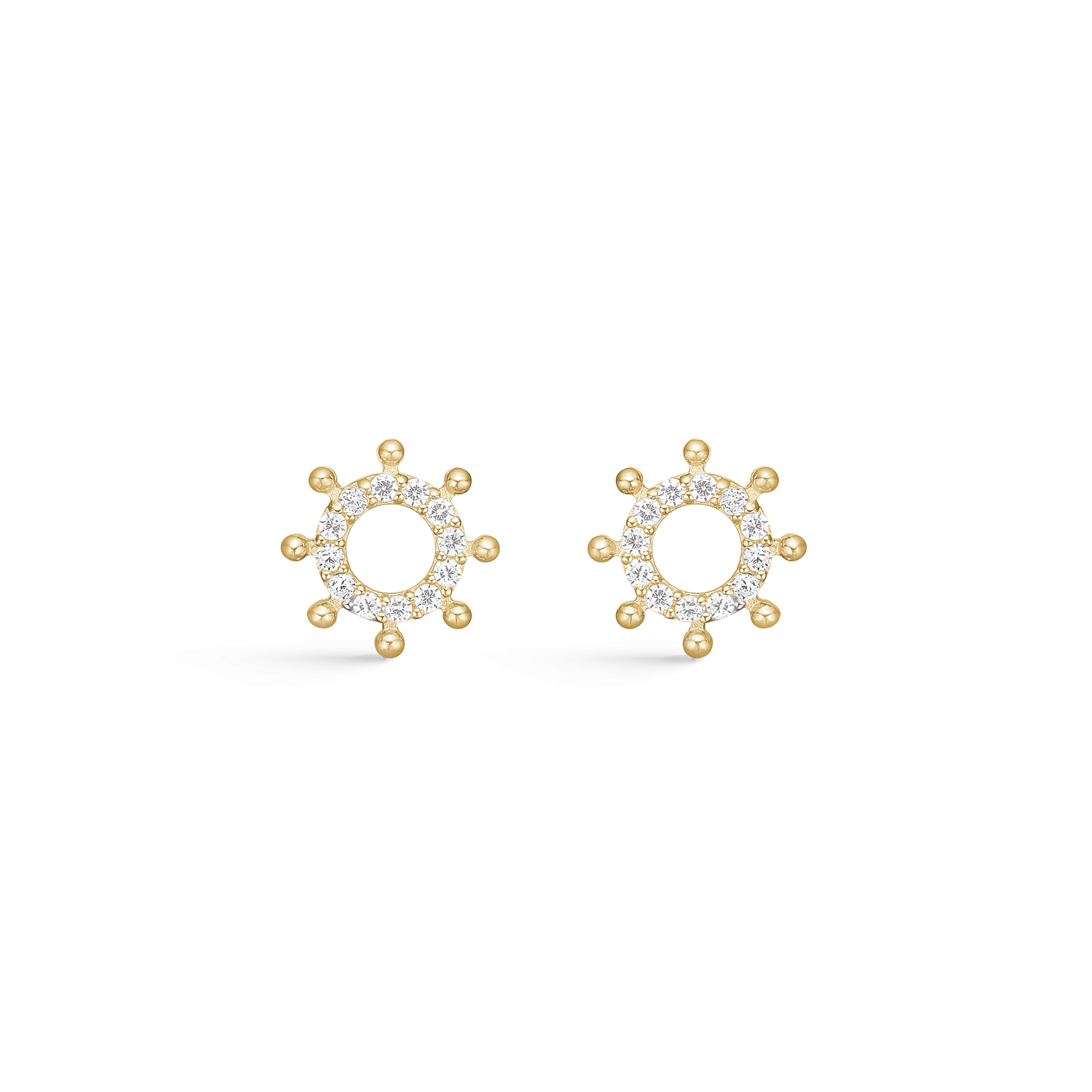 8 kt. guld ørestikker cirkel med syntetiske cubic zirconia med 8 kugler rundt om. Mål 7,92 x 7,92 mm.