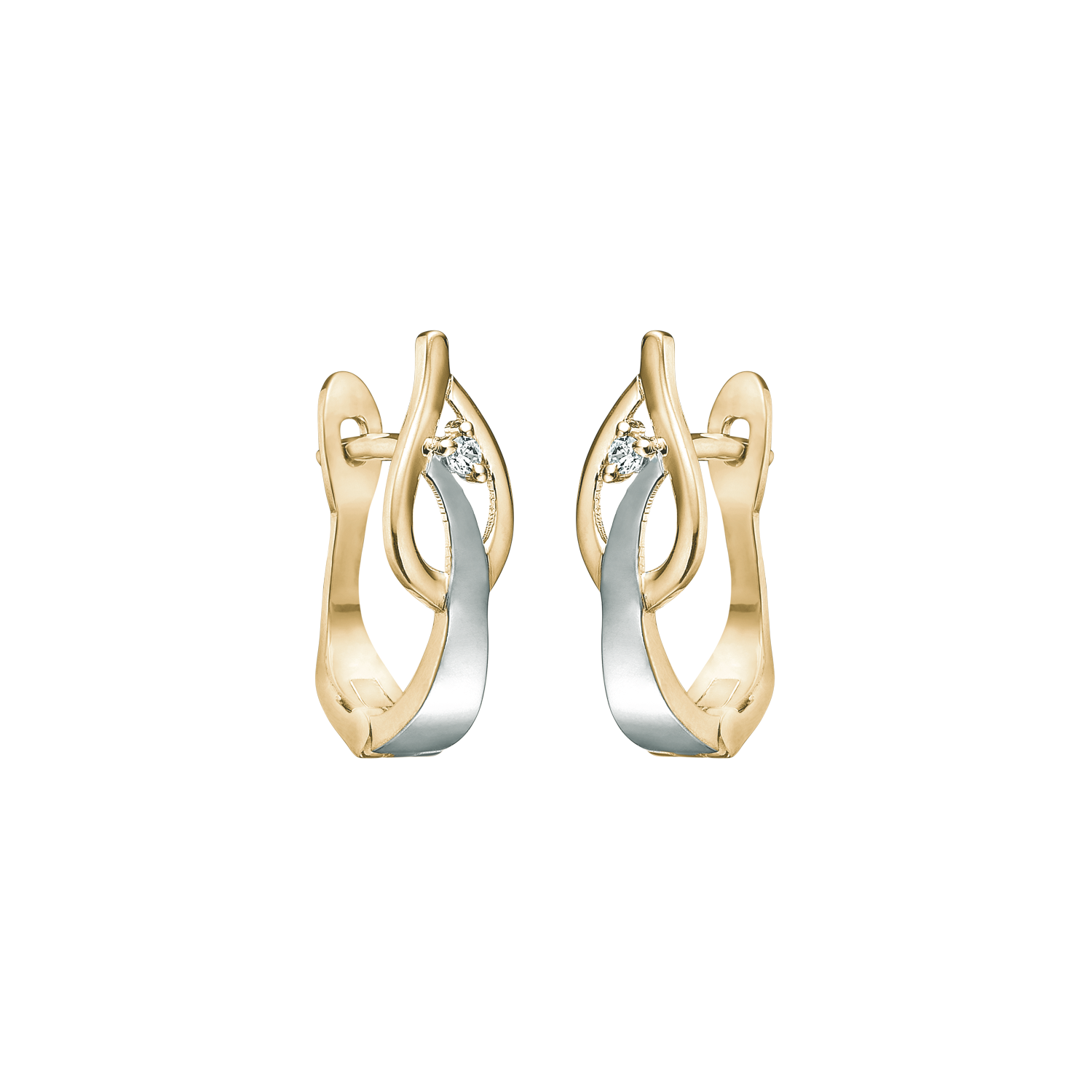 8 kt. guld creol blad med streg og 1 syntetisk cubic zirconia i enden. rødguld og hvidgulds rhodineret.