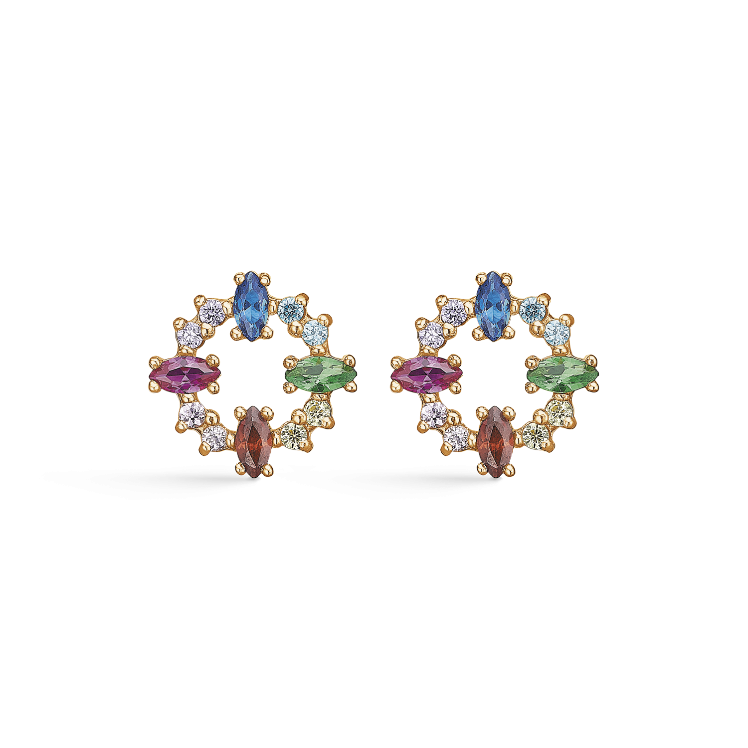 8 kt. guld ørestikker cirkel med ovaler i forskellige farver med syntetiske cubic zirconia.