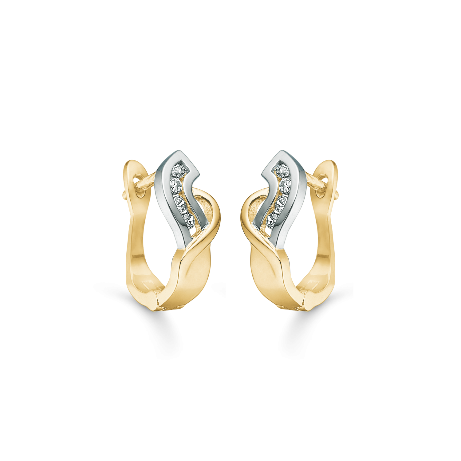 8 kt. guld creol skæv dråbe med syntetiske cubic zirconia i den hvidgulds rhodineret del.