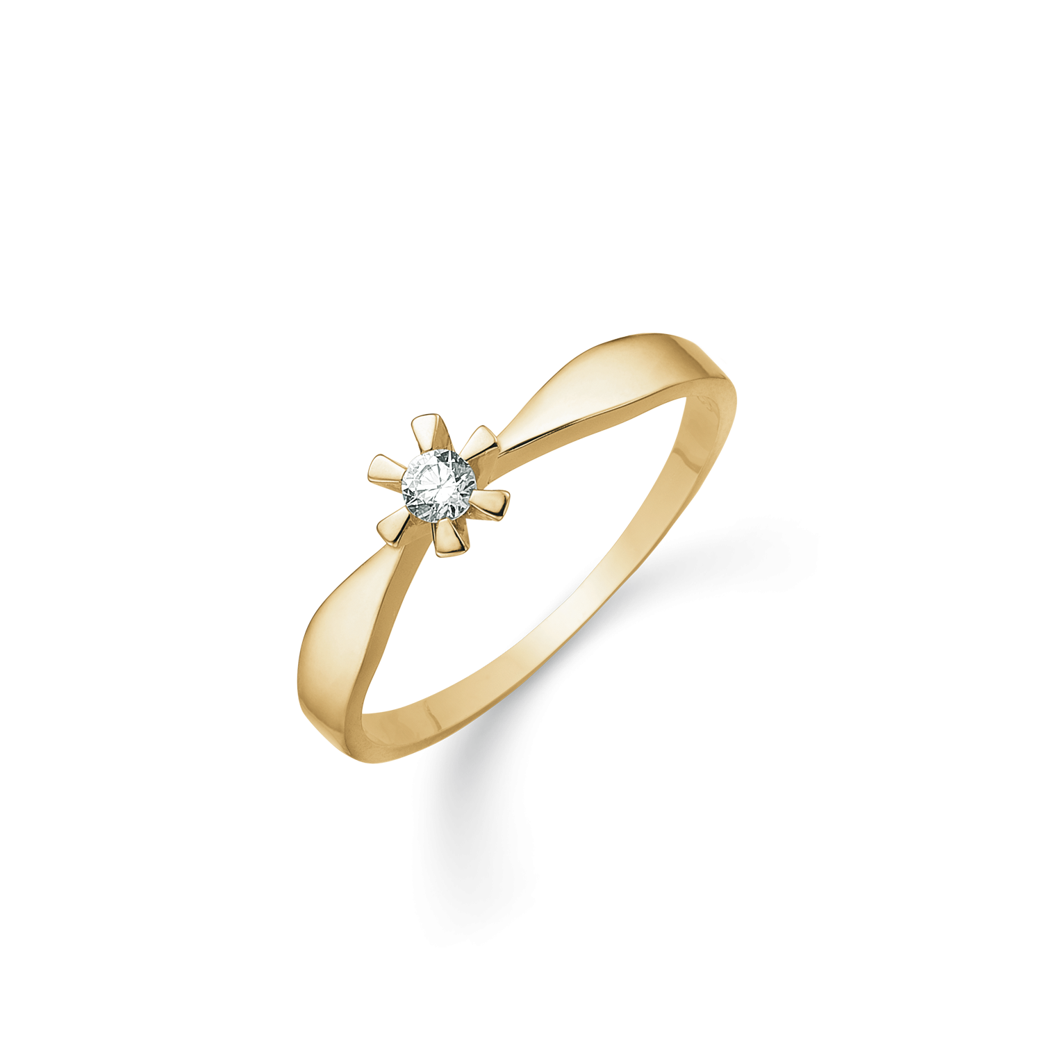 8 kt. guld ring med 1 syntetisk cubic zirconia i 6 grabber.  Der fåes også ørestikker til denne smukke ring.