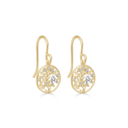 8 kt. guld ørehænger livets træ i cirkel med 2 fugle med syntetiske cubic zirconia. Mål: 10,82 x 9,39 mm.