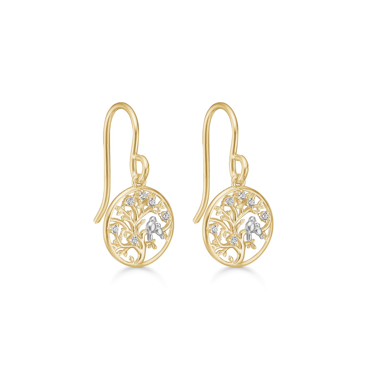 8 kt. guld ørehænger livets træ i cirkel med 2 fugle med syntetiske cubic zirconia. Mål: 10,82 x 9,39 mm.