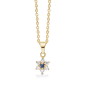 8 kt. guld halskæde rosét med safir og 6 syntetiske cubic zirconia. Kæden er sølvforgyldt i længde 42-45 cm.