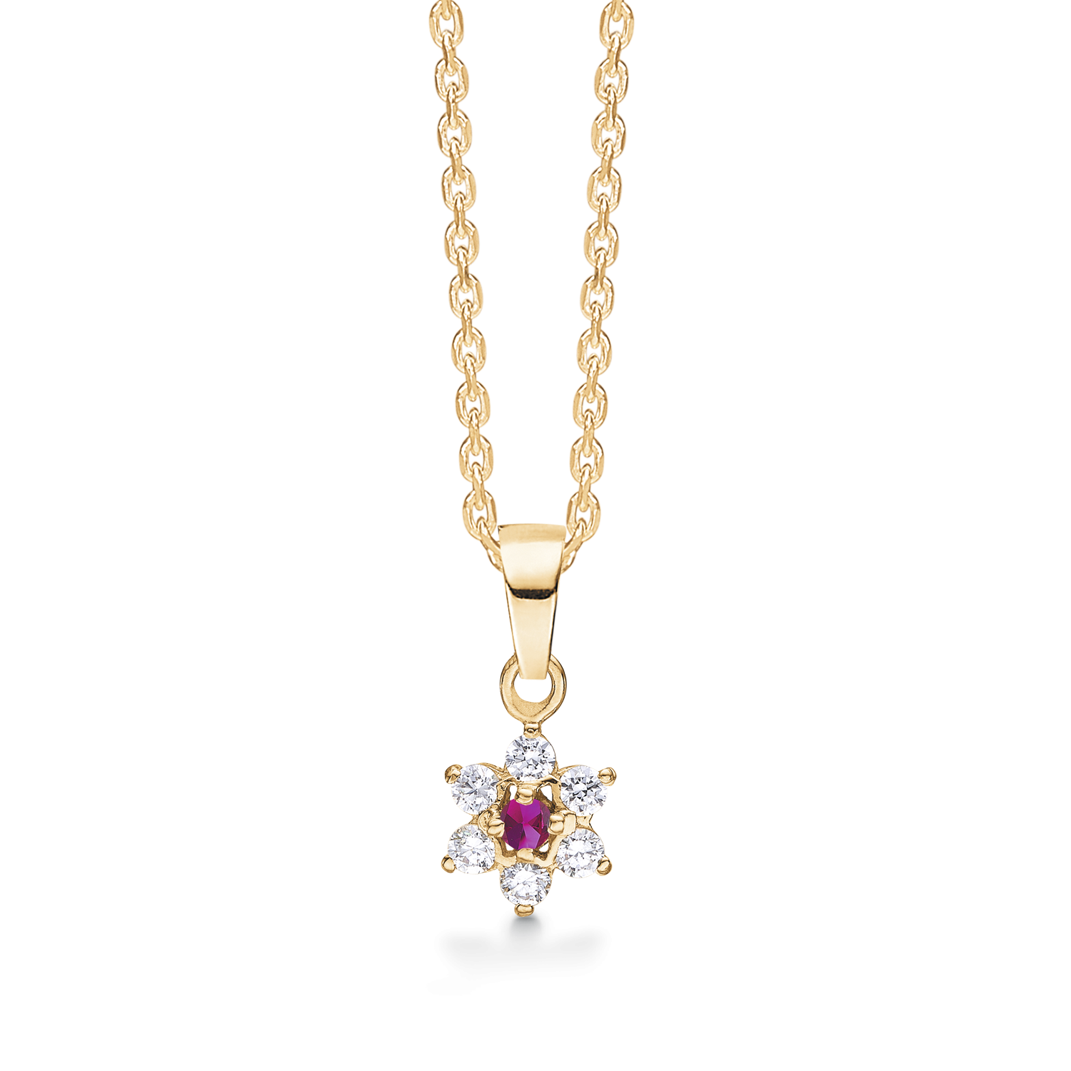 8 kt. guld halskæde rosét med rubin og 6 syntetiske cubic zirconia. Kæden er sølvforgyldt i længde 42-45 cm.