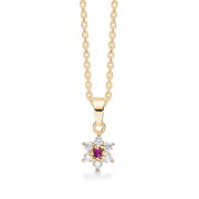8 kt. guld halskæde rosét med rubin og 6 syntetiske cubic zirconia. Kæden er sølvforgyldt i længde 42-45 cm.