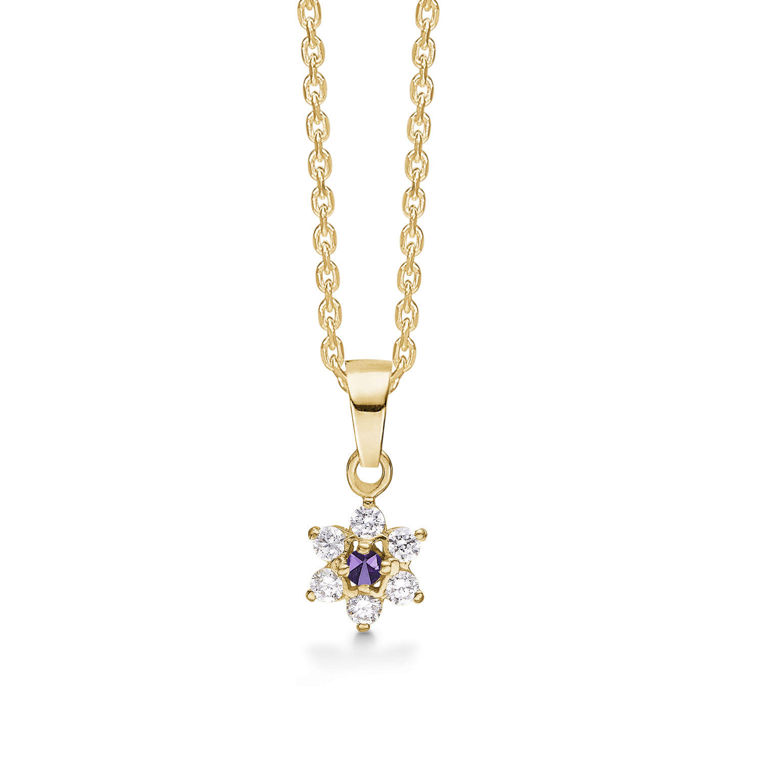 8 kt. guld halskæde rosét med ametyst og 6 syntetiske cubic zirconia. Kæden er sølvforgyldt i længde 42-45 cm.