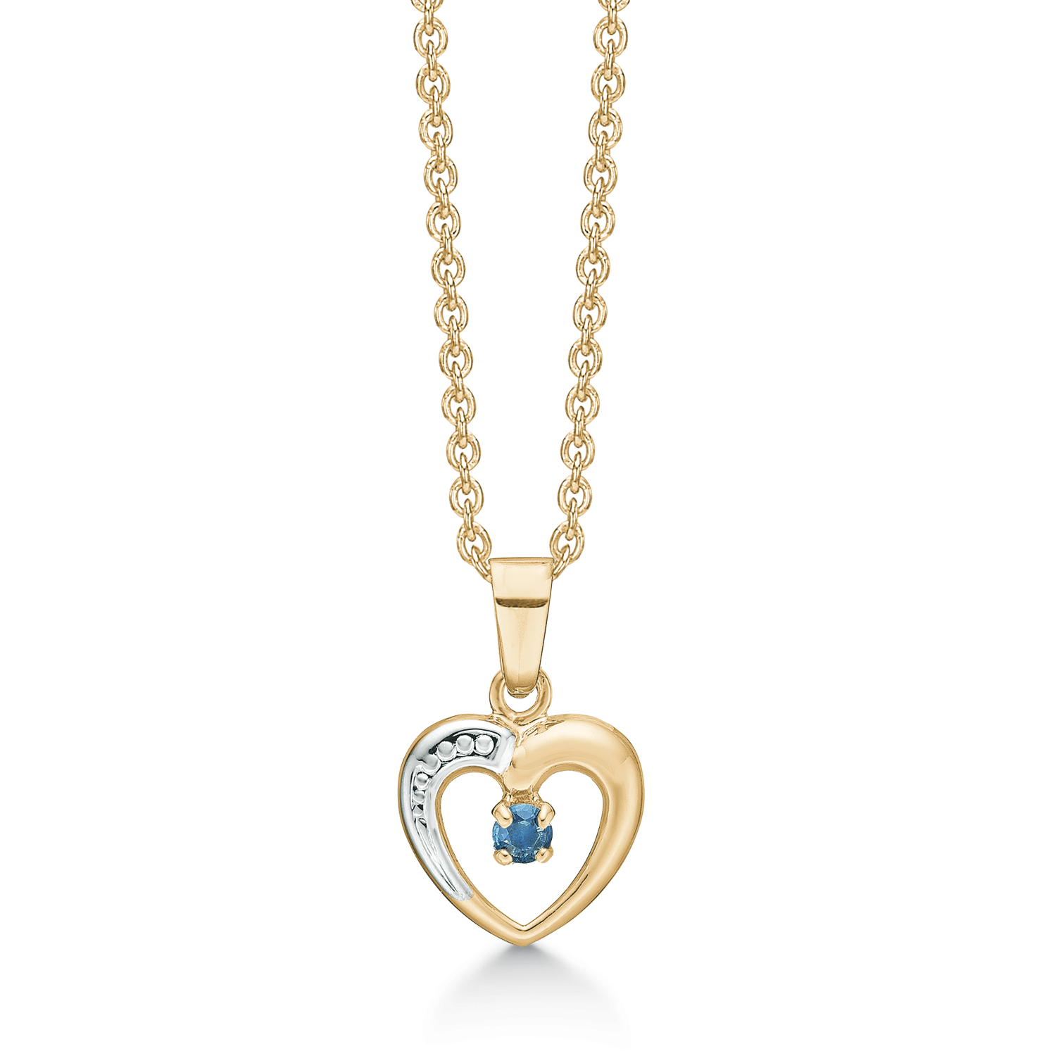 8 kt. Guld halskæde hjerte med safir og syntetiske cubic zirconia. Mål: 11 mm. i diameter.- sten 3 mm Kæden er sølvforgyldt i længde 42-45 cm.