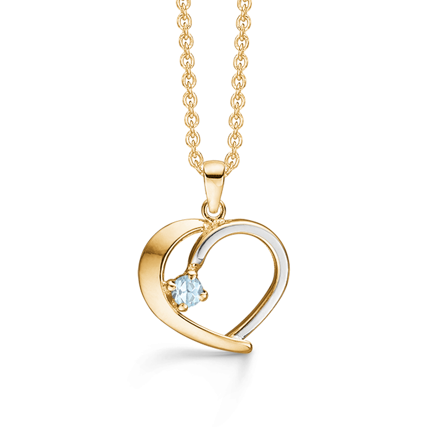 8 kt. guld halskæde hjerte. Den ene side med rhodium og 1 blå topas. Mål: 16 x 15 mm. Kæden er sølvforgyldt i længde 42-45 cm.