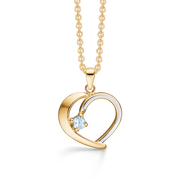 8 kt. guld halskæde hjerte. Den ene side med rhodium og 1 blå topas. Mål: 16 x 15 mm. Kæden er sølvforgyldt i længde 42-45 cm.
