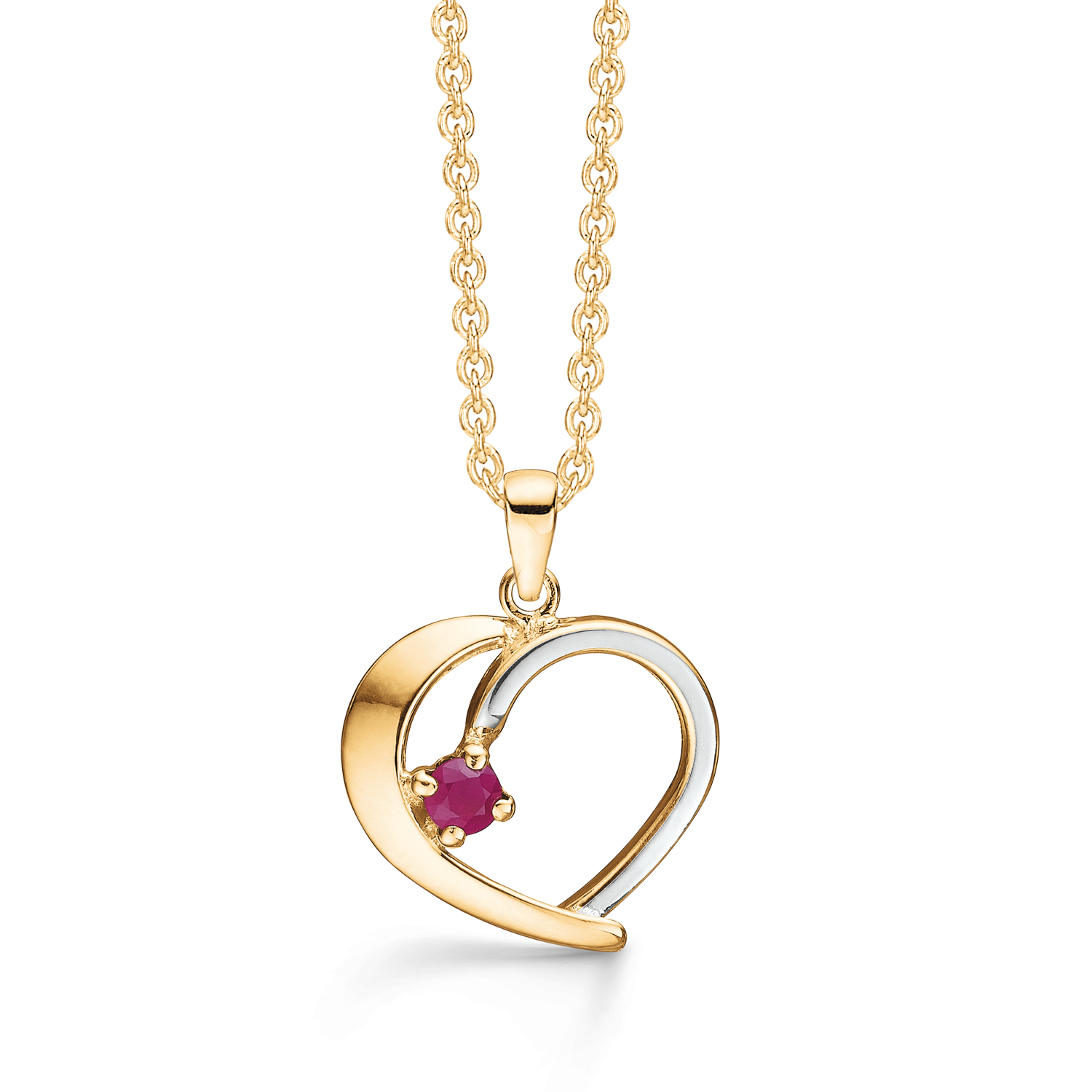 8 kt. guld halskæde hjerte. Den ene side med rhodium og 1 rubin. Mål: 16 x 15 mm. Kæden er sølvforgyldt i længde 42-45 cm.
