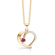 8 kt. guld halskæde hjerte. Den ene side med rhodium og 1 rubin. Mål: 16 x 15 mm. Kæden er sølvforgyldt i længde 42-45 cm.