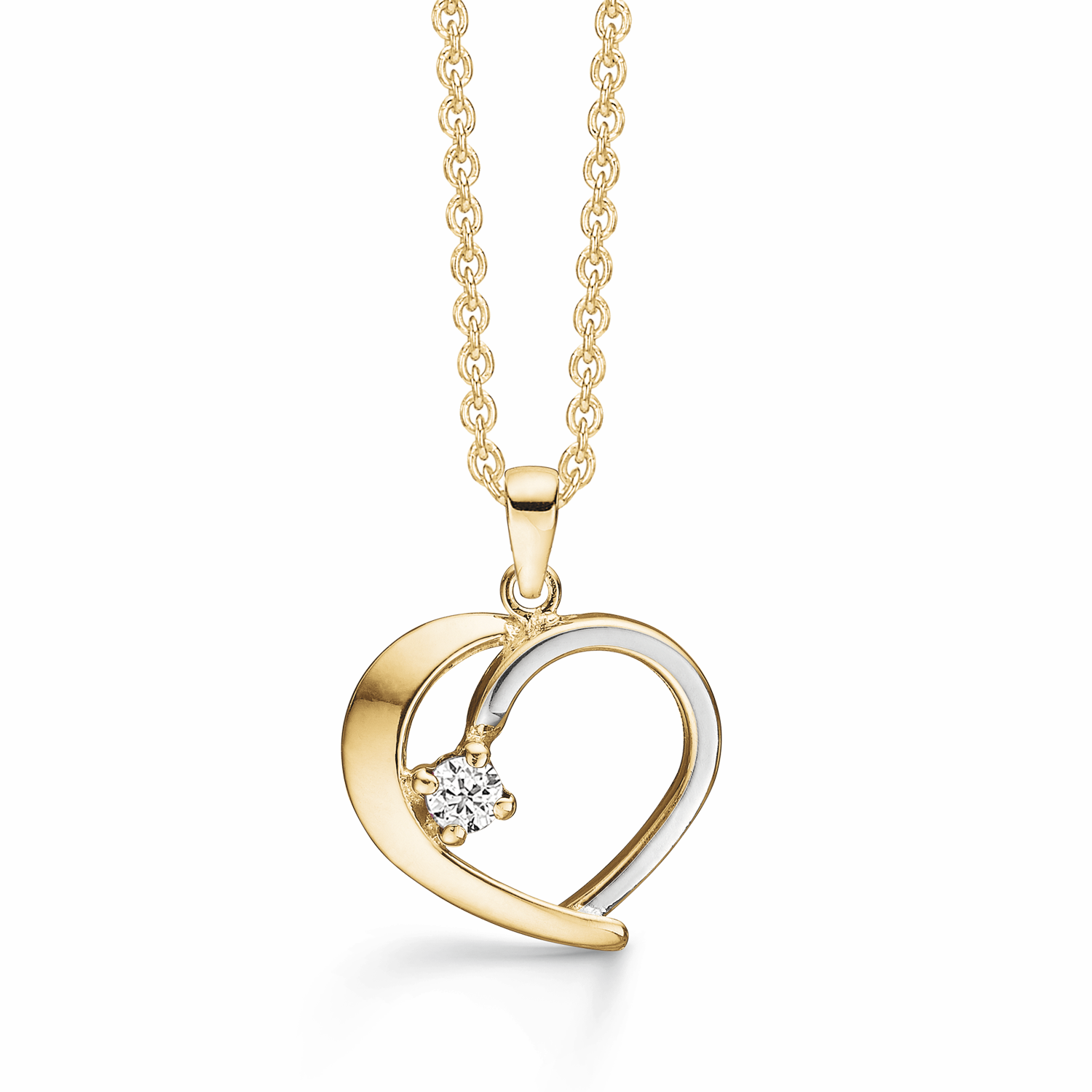 8 kt. guld halskæde hjerte. Den ene side med rhodium og 1 syntetisk cubic zirconia. Mål: 16 x 15 mm. Kæden er sølvforgyldt i længde 42-45 cm.