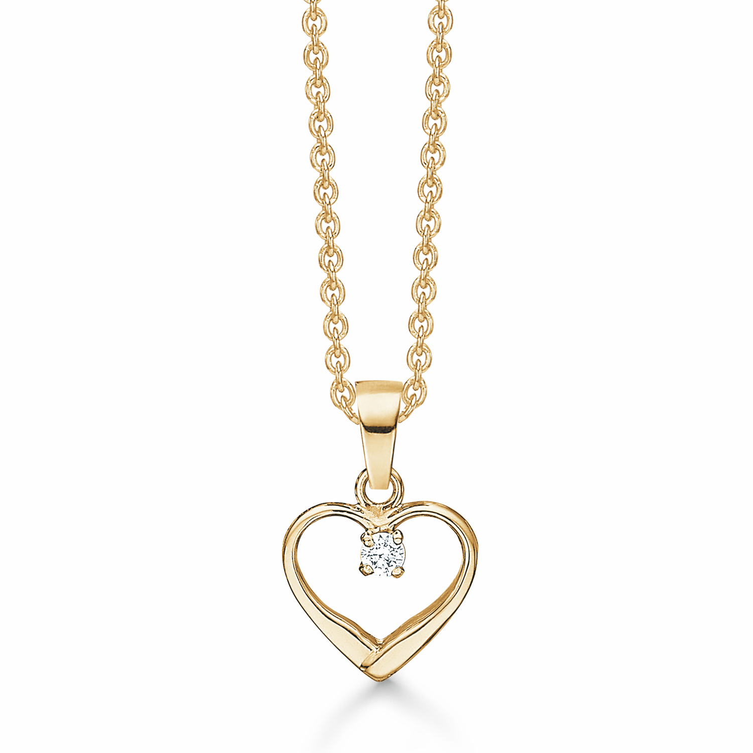 8 kt. guld vedhæng hjerte med syntetisk cubic zirconia i top. Kæden er sølvforgyldt i længde 42-45 cm.