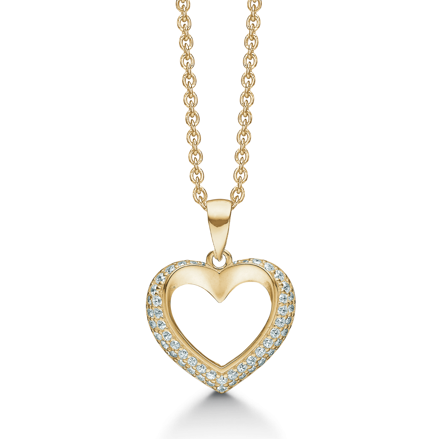 8 kt. guld halskæde hjerte med synt. cubic zirconia rundt i kanten. Kæden er sølvforgyldt i længde 42-45 cm.