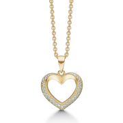8 kt. guld halskæde hjerte med synt. cubic zirconia rundt i kanten. Kæden er sølvforgyldt i længde 42-45 cm.