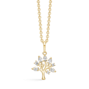 8 kt. guld halskæde livets træ med 8 syntetiske cubic zirconia. Mål 20,06 x 12,77 mm. Kæden er sølvforgyldt i længde 42-45 cm.