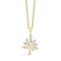 8 kt. guld halskæde livets træ med 8 syntetiske cubic zirconia. Mål 20,06 x 12,77 mm. Kæden er sølvforgyldt i længde 42-45 cm.