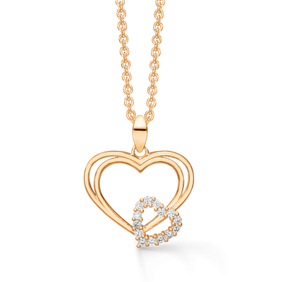 Hjerte vedhæng med to hjerter i 8 karat guld med zirconia stene.